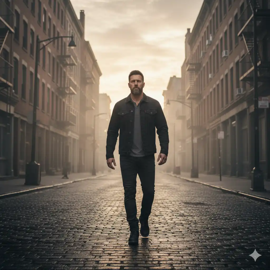 Christian man walking with purpose through a gritty urban street at sunrise