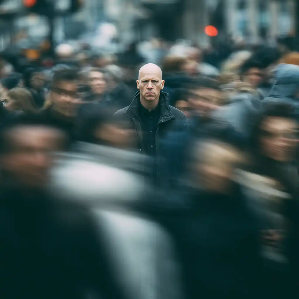 Man standing calmly as a crowd rushes past, representing how the Holy Spirit guides us in daily life