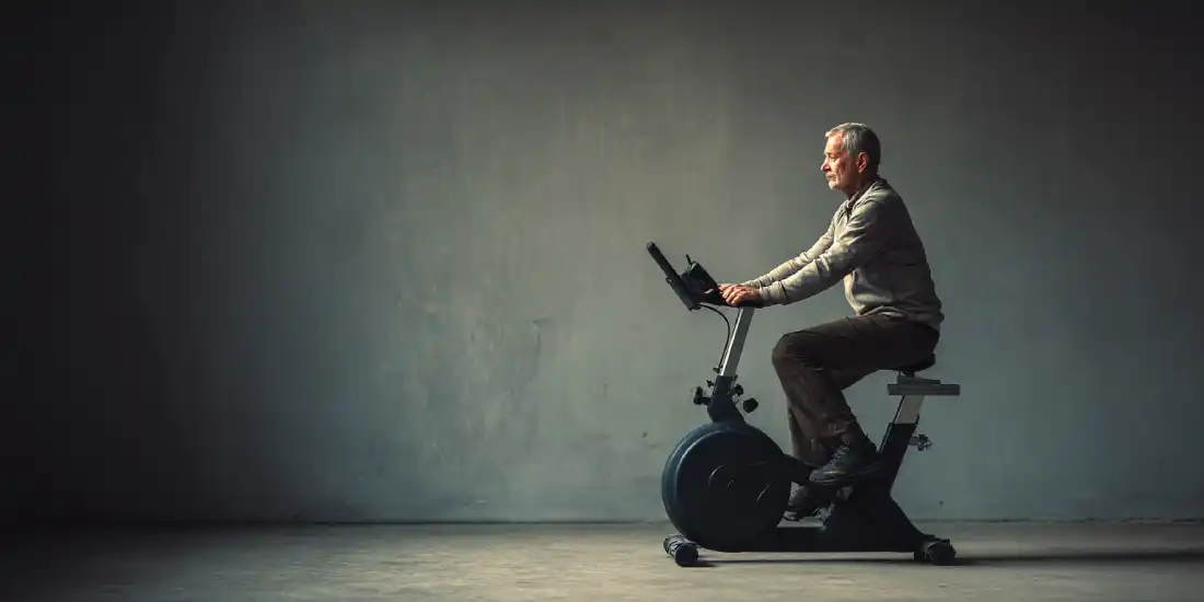 Man using an exercise bike at a steady pace with controlled effort and focus