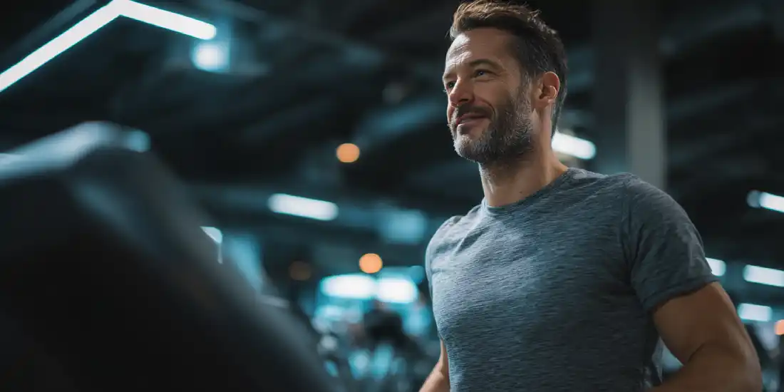 Man walking steadily on a treadmill training endurance and consistency