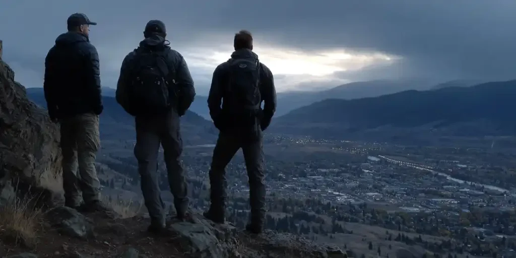 Three Christian men standing on ridge overlooking Kamloops representing brotherhood in New Life in Christ