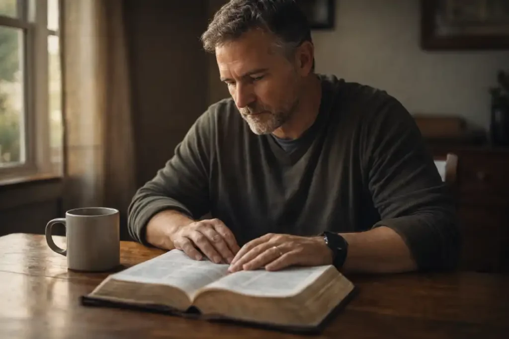 Christian man studying the Bible and remembering his worth in Christ