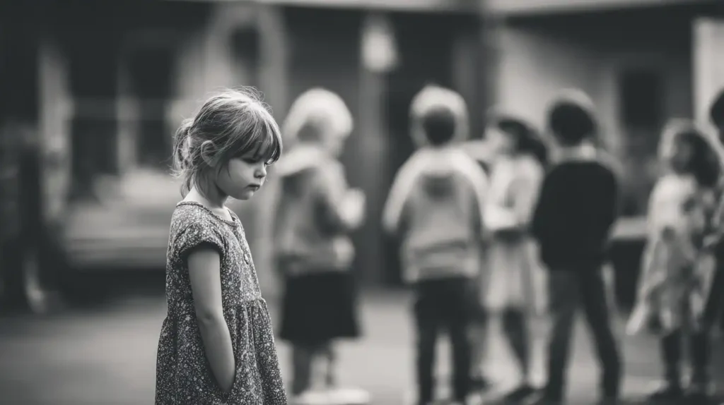 Child standing alone while other kids play together in the background, showing signs of hesitation and low confidence