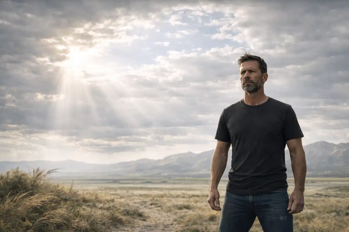 Rugged man standing firm in a windswept landscape under a bright storm sky with sunlight breaking through clouds