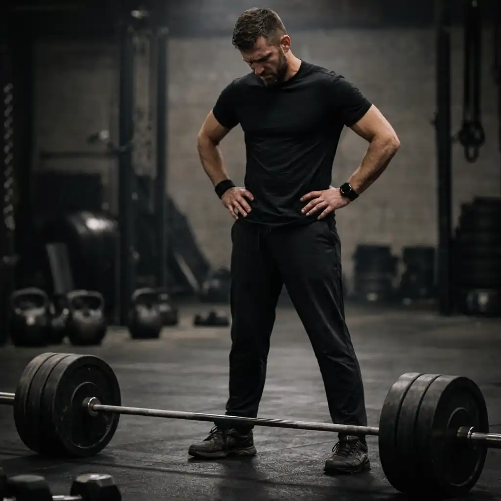 strength and hypertrophy training frustrated man in gym with barbell