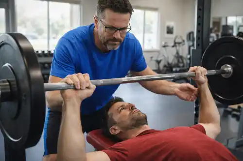 Fitness coach helping a younger man with bench press training in a bright professional gym