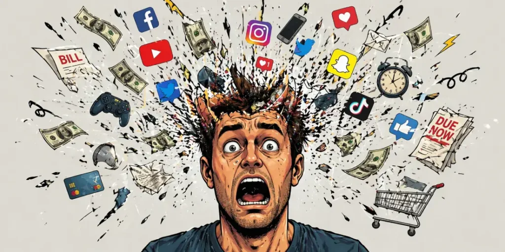 Overwhelmed man with bills and social media exploding from head cluttered mind blocks discernment