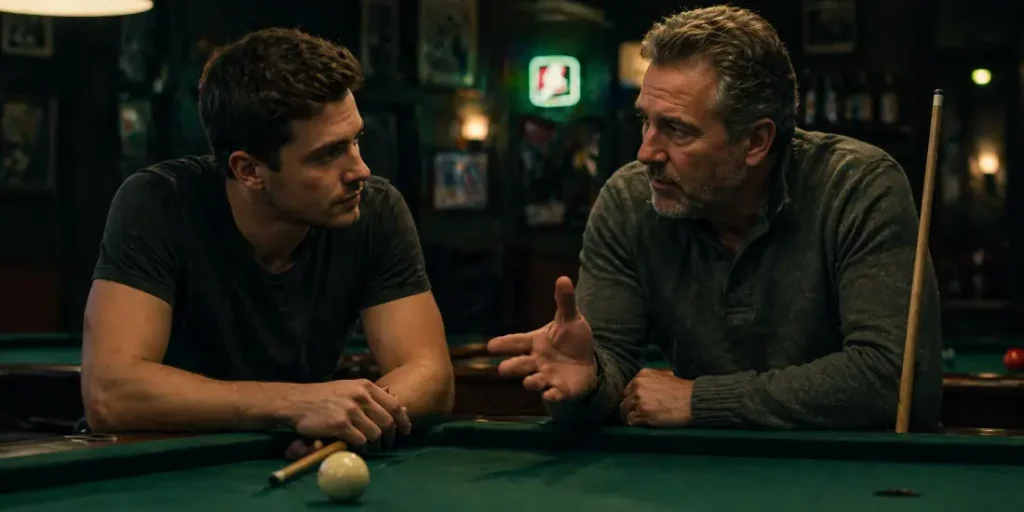 Younger man receiving wise counsel from older mentor in pool hall biblical guidance