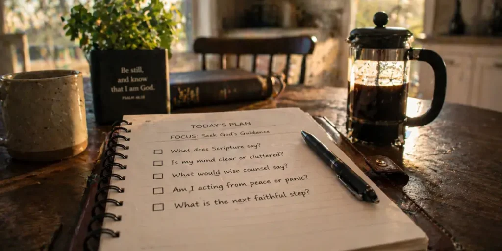 Day planner checklist on kitchen table for how God leads us in daily decisions through wisdom and Scripture