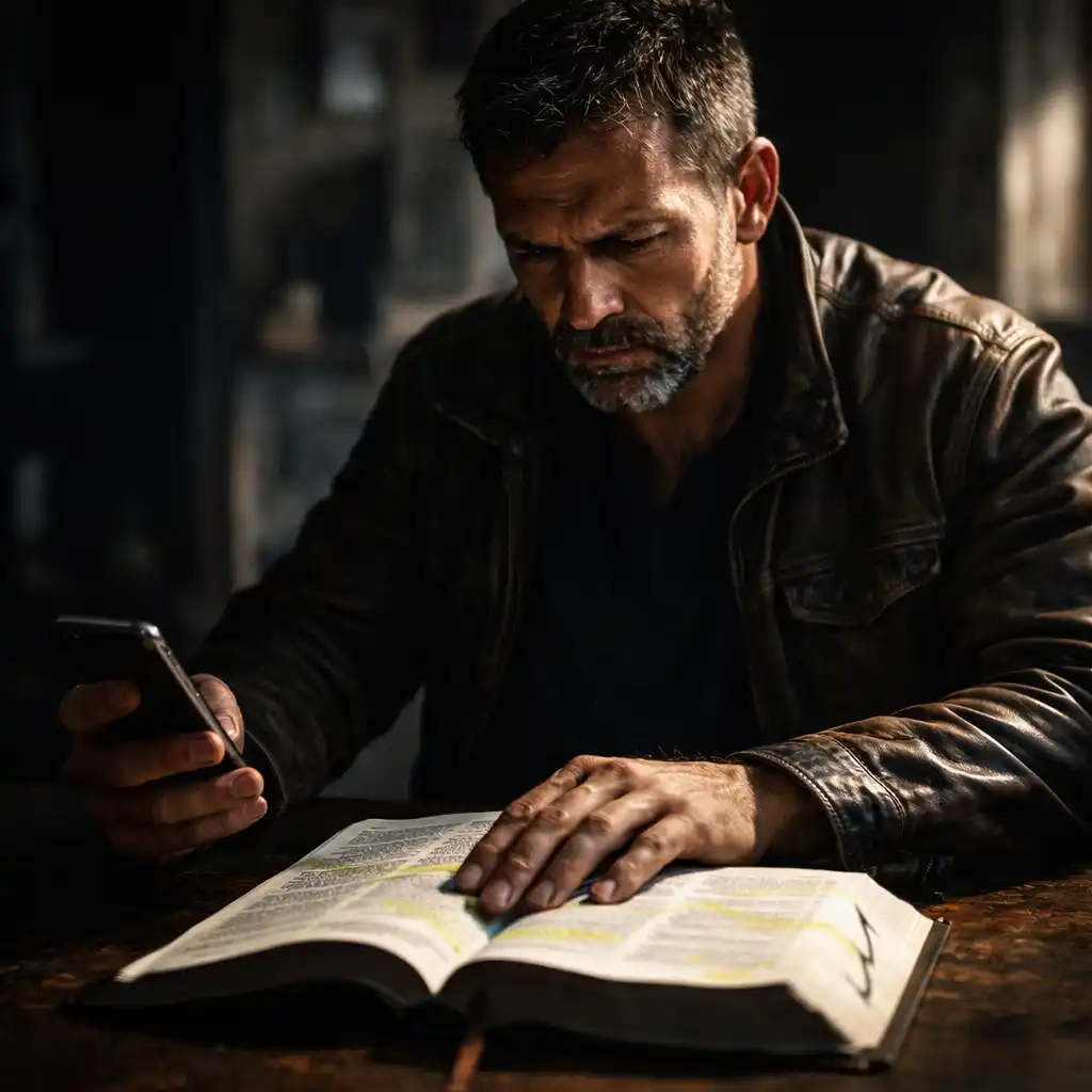 man using the Bible to overcome temptation with God’s Word in daily life