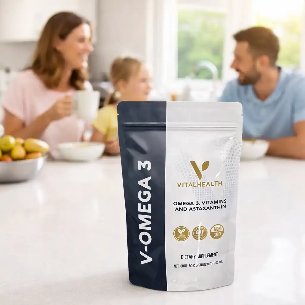 Family eating healthy and taking V-Omega 3 dietary supplement