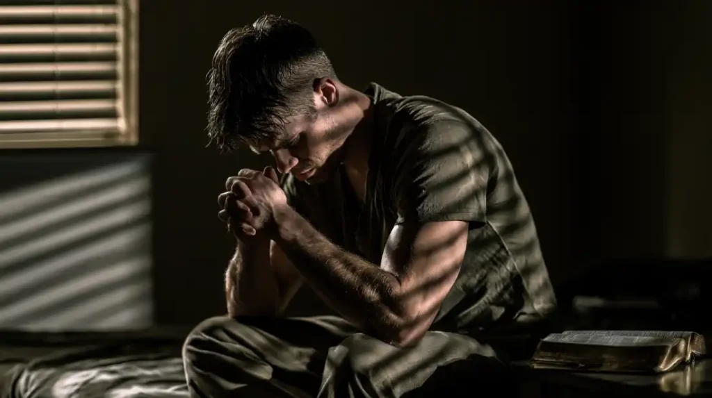 Man reflecting on his life, overcoming challenges with faith today