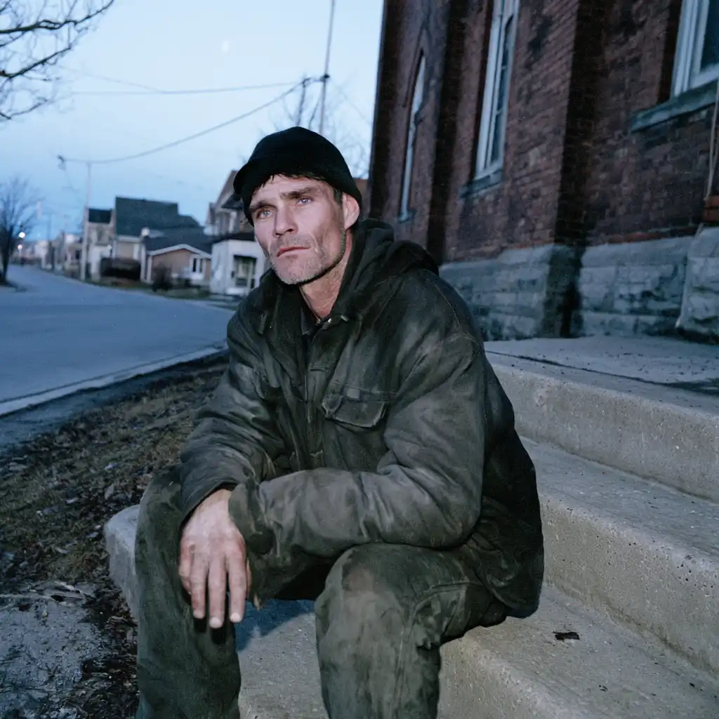 Christian man trusting God in difficult seasons, sitting on church steps at dawn