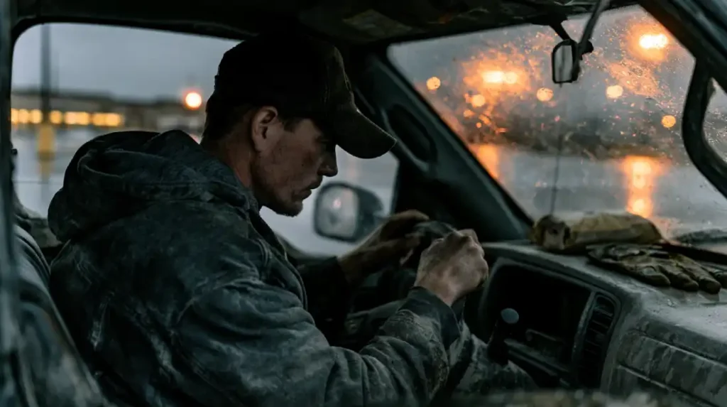 Man gripping his truck's steering wheel at dusk, carrying a hard season alone instead of trusting God